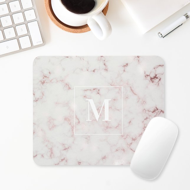 Mousepad Rosa Dourado Mármore Monograma Personalizado (Criador carregado)