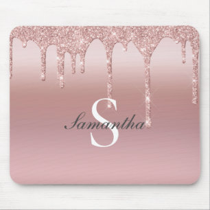 Mousepad Rosa Dourado Monograma Brilho Gotejante Blush Rosa
