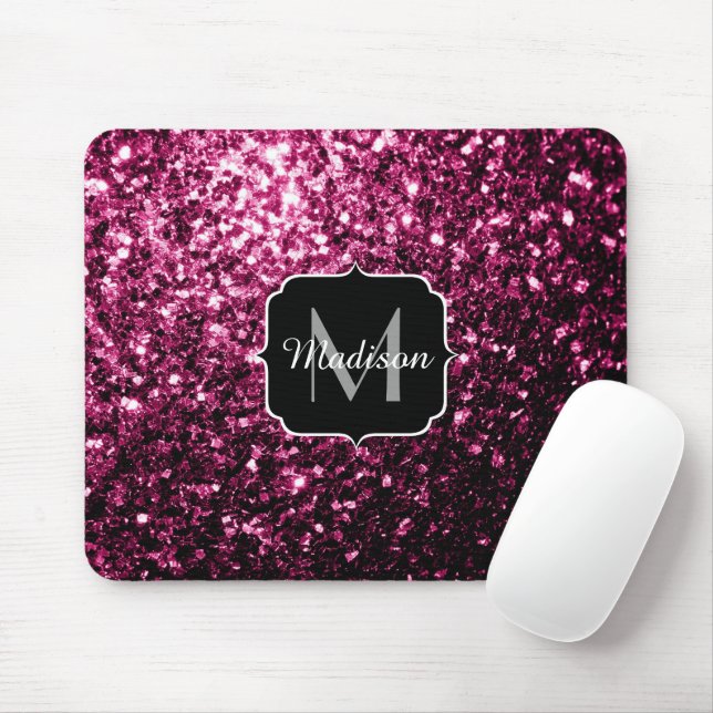 Mousepad Rosa escuro falso brilho glitter faíscas Monograma (Com mouse)