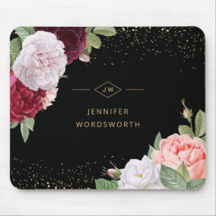 Mousepad Rosa Floral Elegante, cor-de-rosa, preto