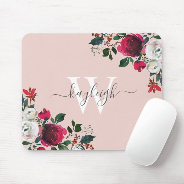 Mousepad Rosa Floral, Monograma, De Cor Da Água, Rosa (Com mouse)