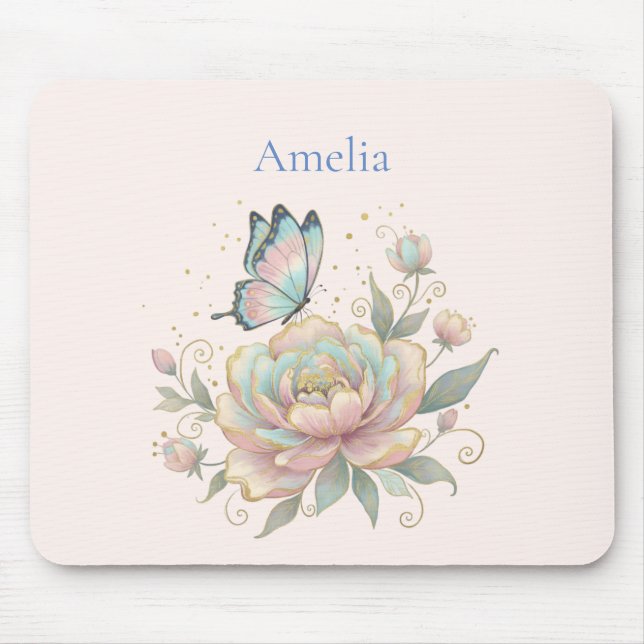 Mousepad Rosa Mágica e Borboleta Cores Pastel (Frente)