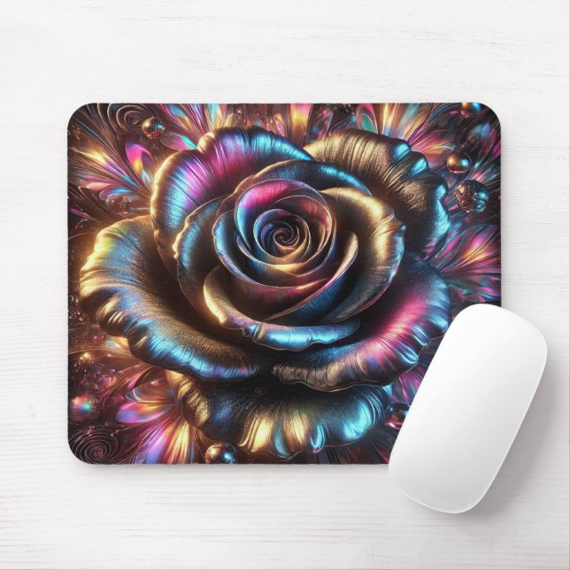 Mousepad Rosa Metálico multicolorido com flores vibrantes (Com mouse)