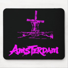 Mousepad Rosa Neon Moinho de Vento Amsterdã Moderno Preto