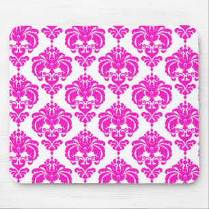 Mousepad Rosa Quente Branco Damasco Chic Moderno Padrão Ele