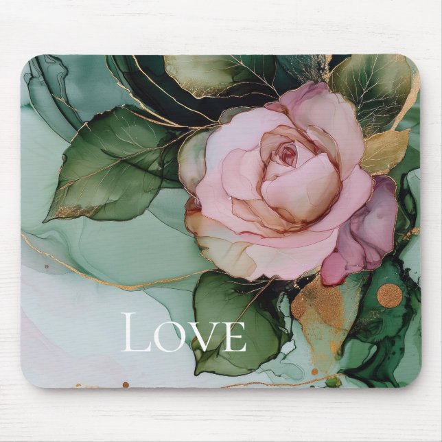 Mousepad Rosa Romântica Dourada Amor Floral  (Frente)