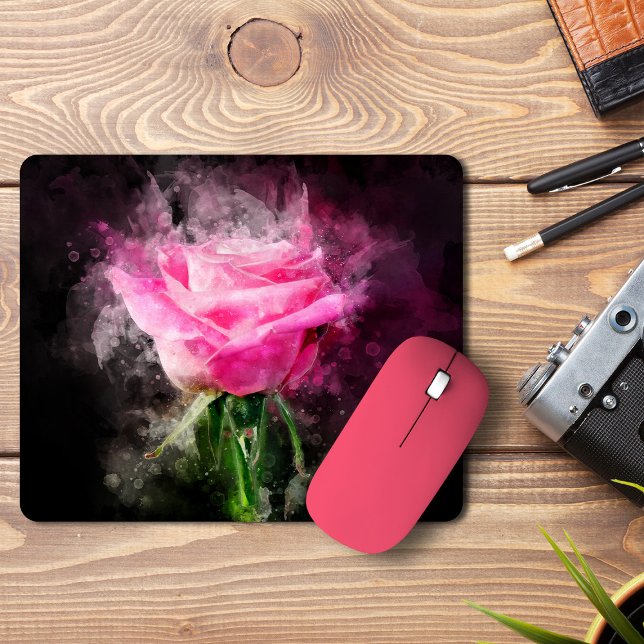 Mousepad Rosa Rosa Aquarela em Fundo Preto (Pink Rose Watercolor on Black Background. Mouse Pad)