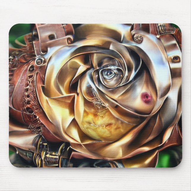 Mousepad Rosa Steampunk com Face Surreal - Flor Mecânico (Frente)