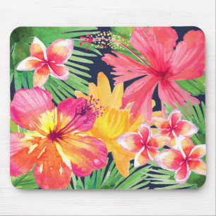 Mousepad Rosa Tropical Rosa Hibiscus Plumeria Marinho Azul