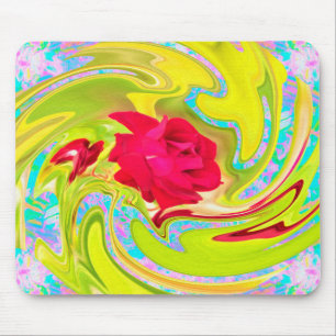 Mousepad Rosa vermelha abstrato em espiral amarela e aqua