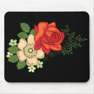 Mousepad Rosa Vermelha e Margaridas Fundo Preto