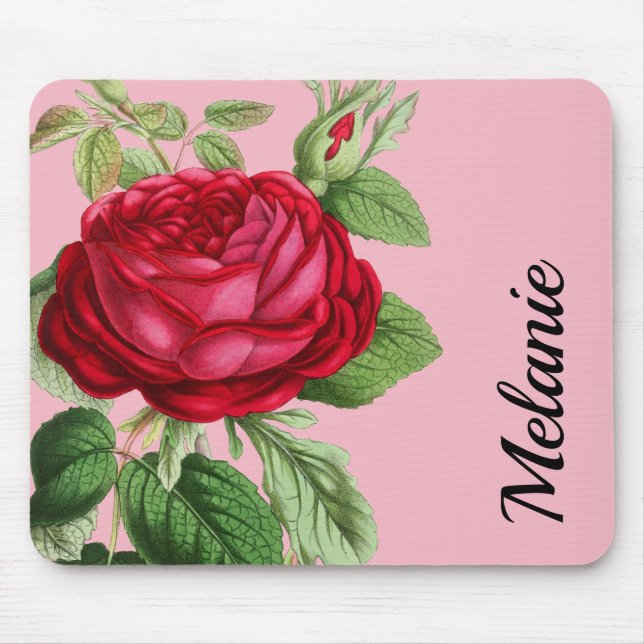 Mousepad Rosa vermelha Vintage com seu nome (Frente)