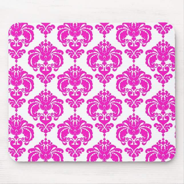 Mousepad Rosa Vibrante Branco Damasco Chique Moderno Elegan (Frente)