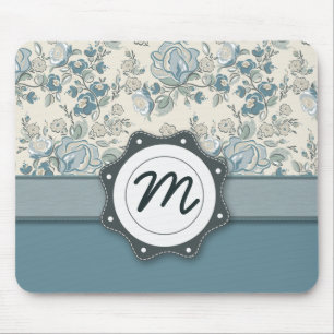 Mousepad Rosas azuis e de creme com monograma
