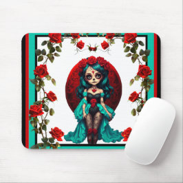 Mousepad Rosas Azuis-esverdeadas e Vermelhas Caveiras Açuca