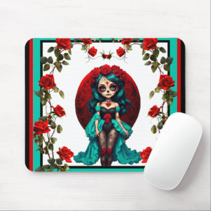 Mousepad Rosas Azuis-esverdeadas e Vermelhas Caveiras Açuca