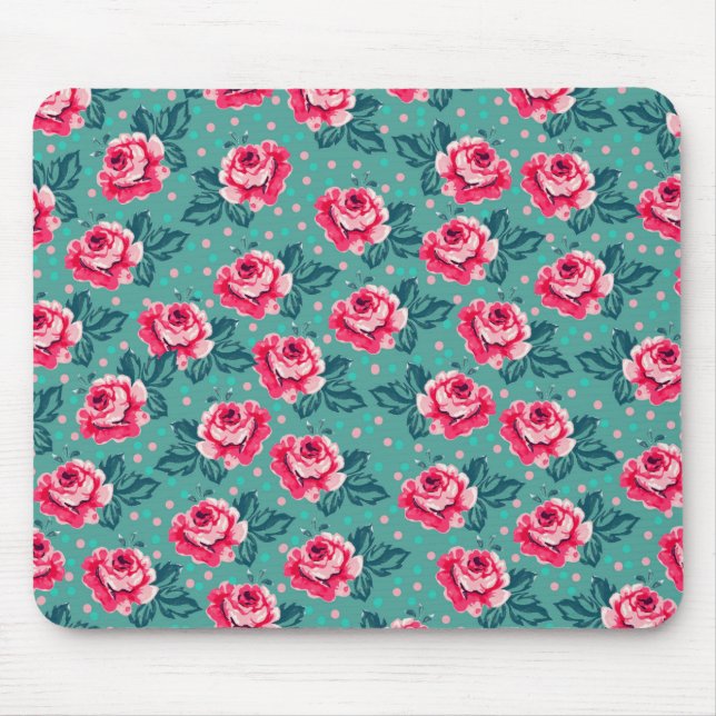 Mousepad Rosas Cor-de-Rosa Bonitas e Padrão de Bolinhas em  (Frente)
