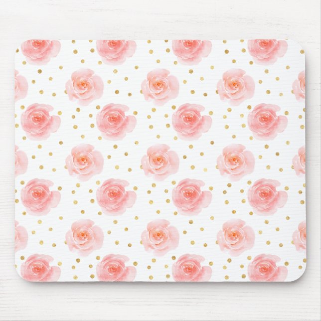 Mousepad Rosas de Aquarela Rosa de Confetti Dourado (Frente)