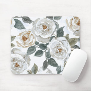 Mousepad Rosas de Jardim Floral Vintage aquarela branca