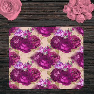 Mousepad Rosas de magenta romântica e folhas Douradas em p