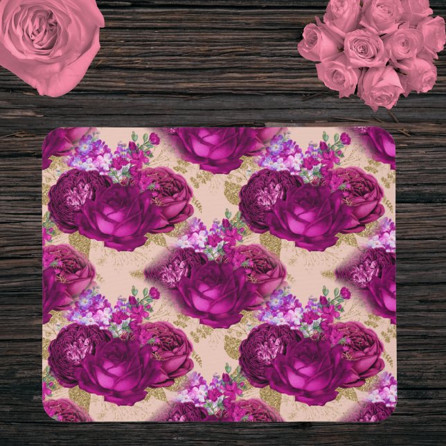 Mousepad Rosas de magenta romântica e folhas Douradas em pê (Criador carregado)