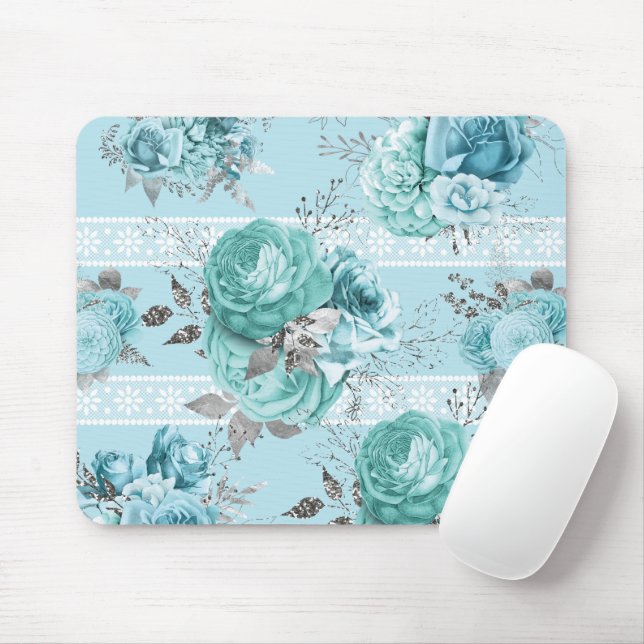 Mousepad Rosas de Prata Azul (Com mouse)