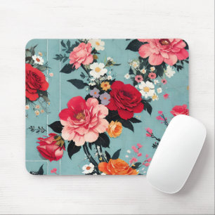 Mousepad Rosas de vindima e Florais num Fundo Azul