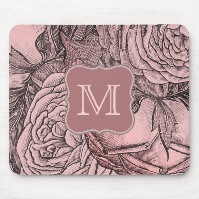 Mousepad Rosas decorativos Monograma cor-de-rosa pincelado (Frente)