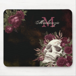 Mousepad Rosas do crânio Monograma Nome Borgonha Escuro