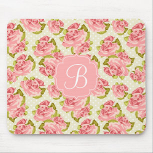 Mousepad Rosas femininos do rosa do vintage Monogrammed