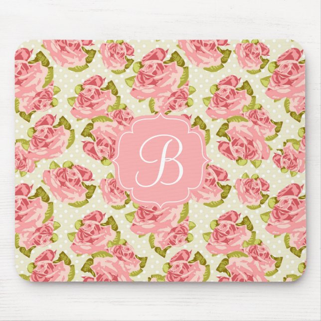 Mousepad Rosas femininos do rosa do vintage Monogrammed (Frente)