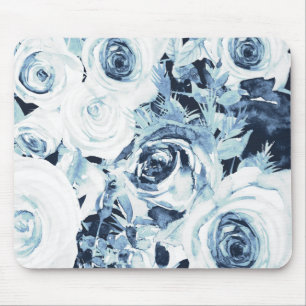 Mousepad Rosas Florais Azuis e Brancas Vintage de Inverno