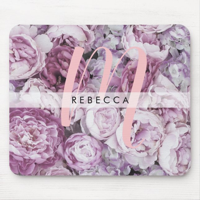 Mousepad Rosas Peônia Floral Rosa Monograma (Frente)