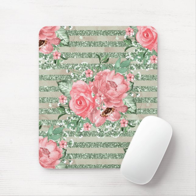 Mousepad Rosas Rosa-Cágua em faixas de brilho verde (Com mouse)