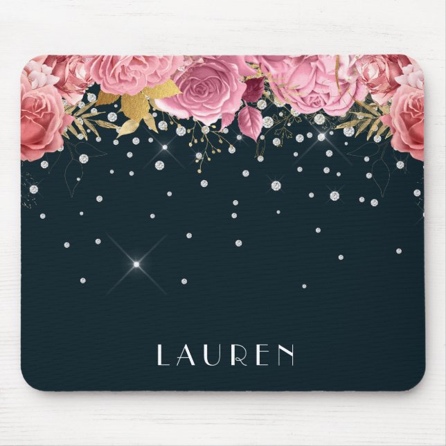 Mousepad rosas rosa diamante sofisticado monograma (Frente)