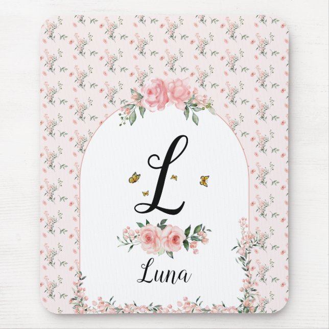 Mousepad Rosas Rosa Elegantes De Aquarelas com Borboletas (Frente)