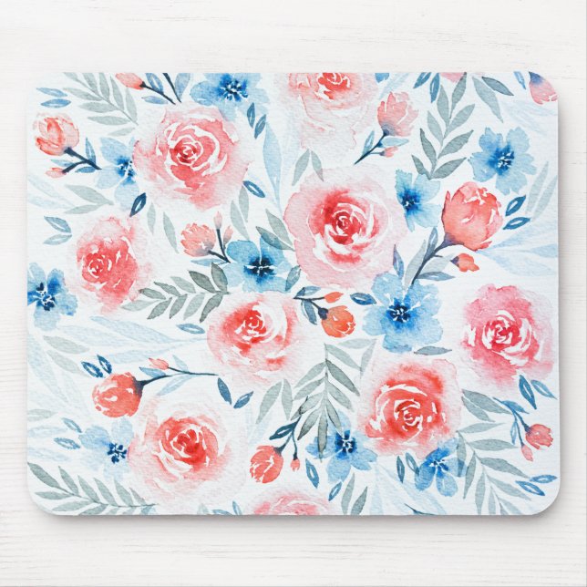 Mousepad Rosas Rosa Flores Azuis Flores Aquáticas Padrão Fl (Frente)