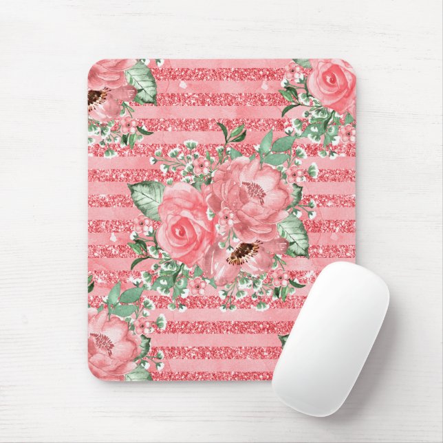 Mousepad Rosas Rosa Flóridas e Listras (Com mouse)