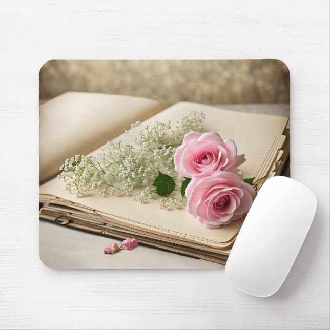 Mousepad Rosas Rosa No Antigo Livro (Com mouse)
