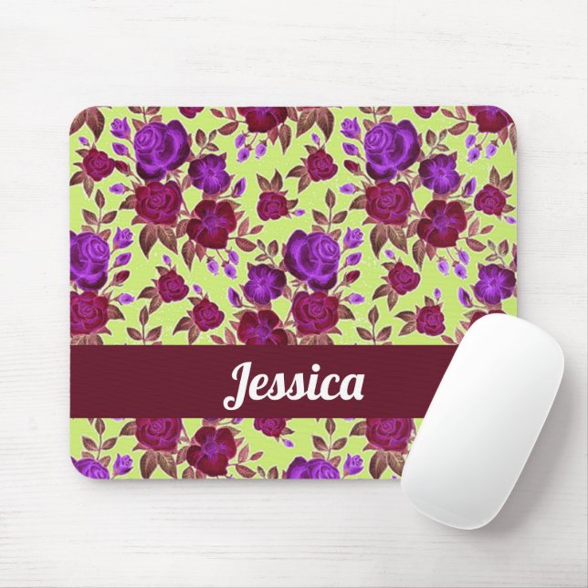 Mousepad rosas roxas em amarelo (Com mouse)
