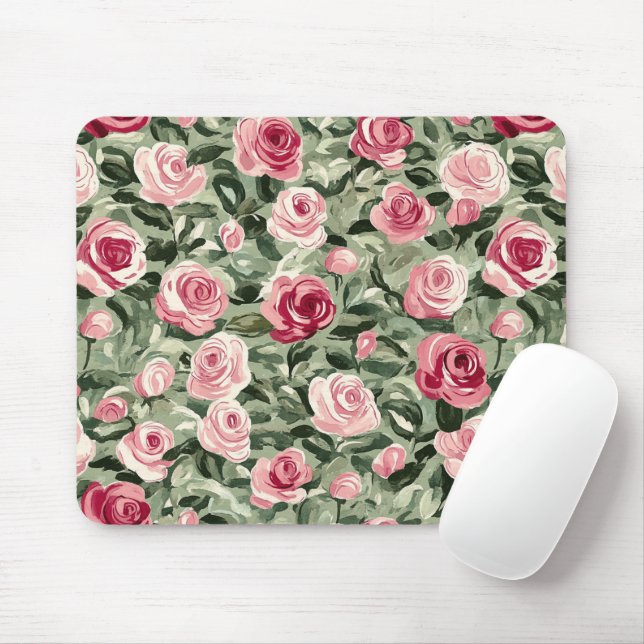 Mousepad Rosas Verdes Rosa Vermelhos Floral (Com mouse)