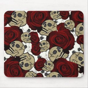 Mousepad Rosas Vermelhas & Caveiras Floral Preto Gótico Bra