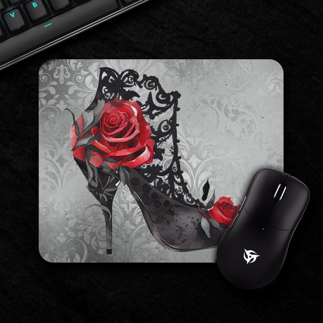 Mousepad Rosas vermelhas de moda gótica Stiletto Bootie em  (Criador carregado)