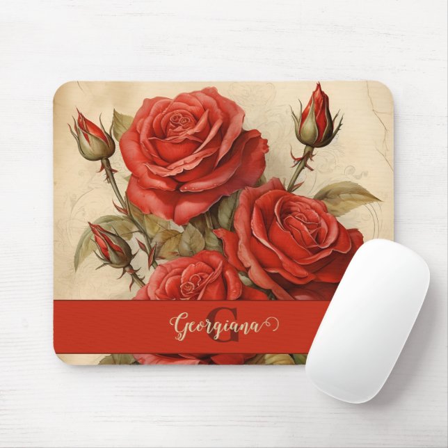 Mousepad Rosas vermelhas Florais Personalizadas Vintage Wat (Com mouse)