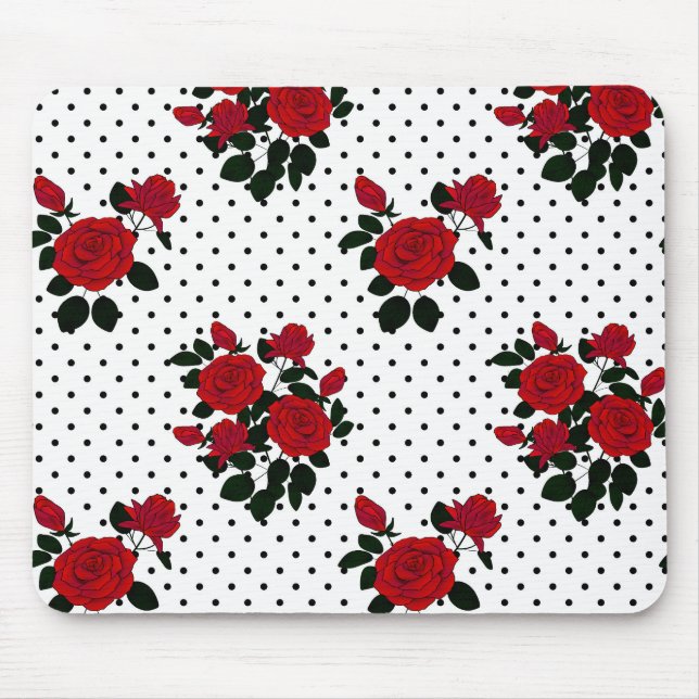 Mousepad Rosas vermelhas sobre um fundo de bolinhas. (Frente)