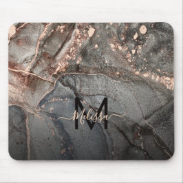 Mousepad Rose Gold Gray Ink Marble Monogram