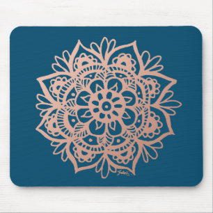 Mousepad Rose Gold Mandala Flower on Dark Blue