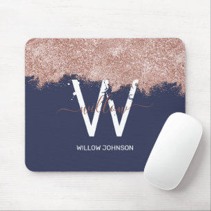 Mousepad Rose Gold Navy Blue Girly Glitter Dust Monogram