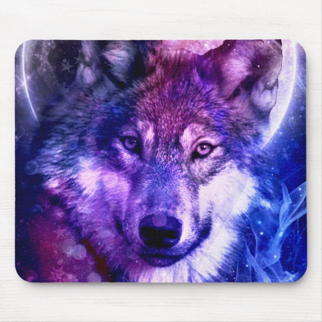 Mousepad Rosto de Lobo Galáxico Místico com Lua Cheia (Frente)