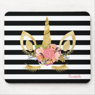Mousepad Rosto de Unicórnio Dourado,Listras Brancas e Preta